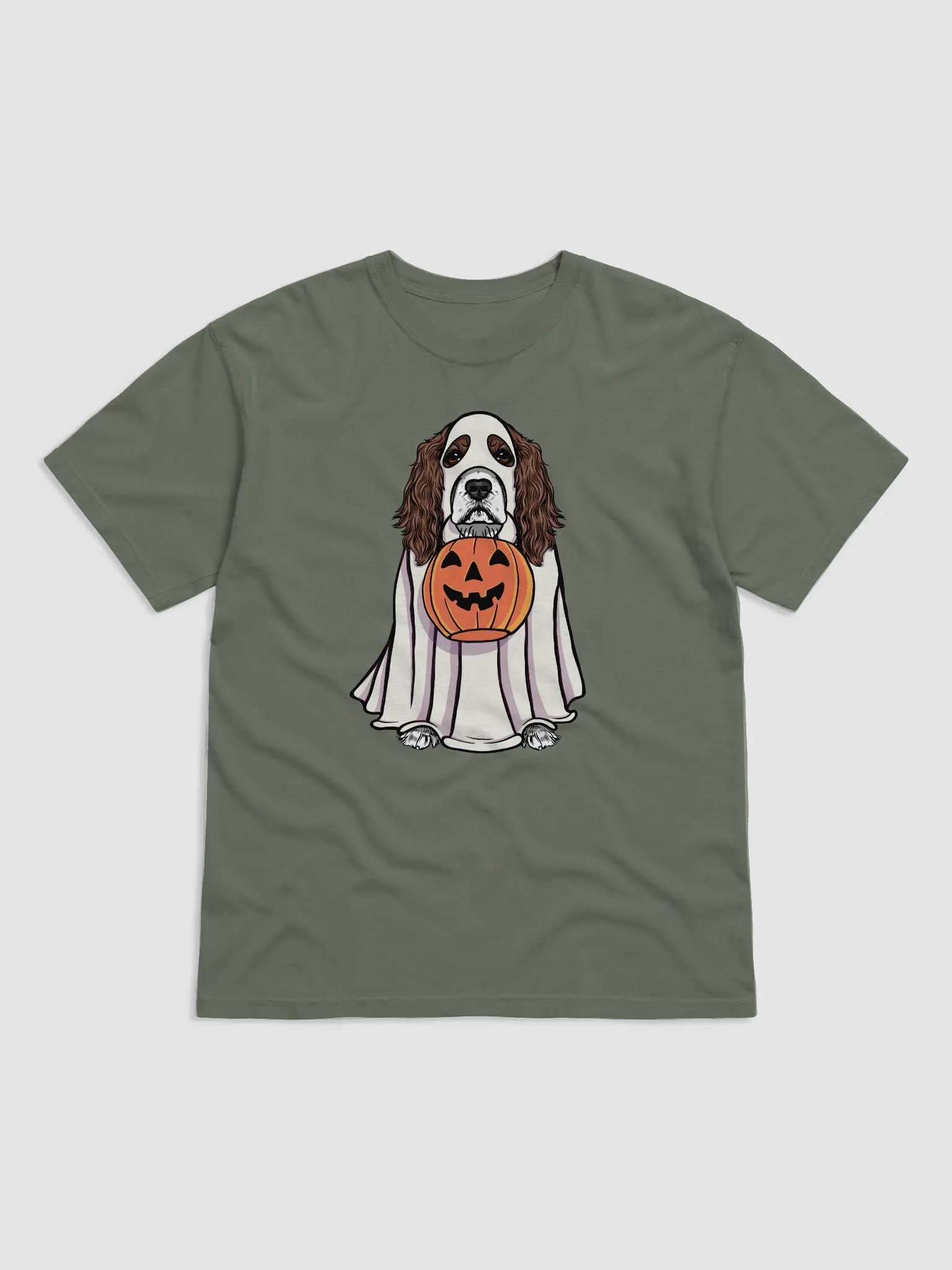 Funny Halloween Cocker Spaniel(Liver & White) T-Shirt | Funny Cocker Spaniel Wearing a Ghost Costume and Holding a Pumpkin Basket product image (1)