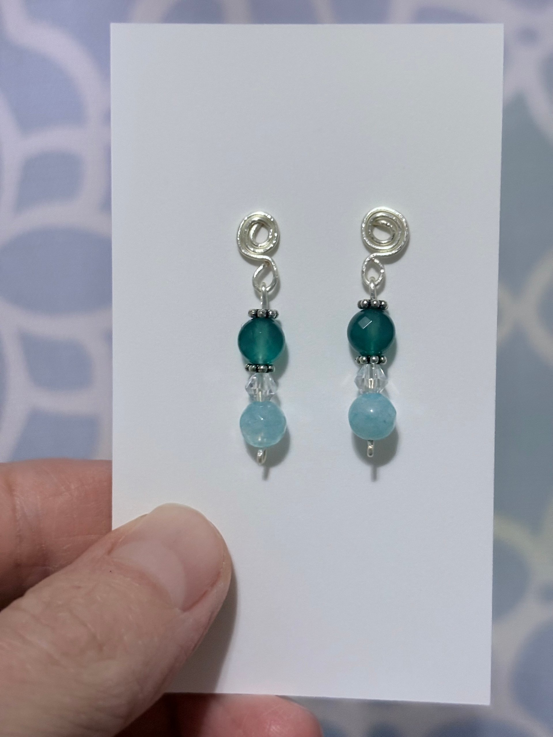 MFD-00306 | Aquamarine & Jade Colored Semi-Precious Bead Earrings – Handcrafted Spiral Post Earrings for March Birthdays | Elegant Coastal Jewelry product image (2)
