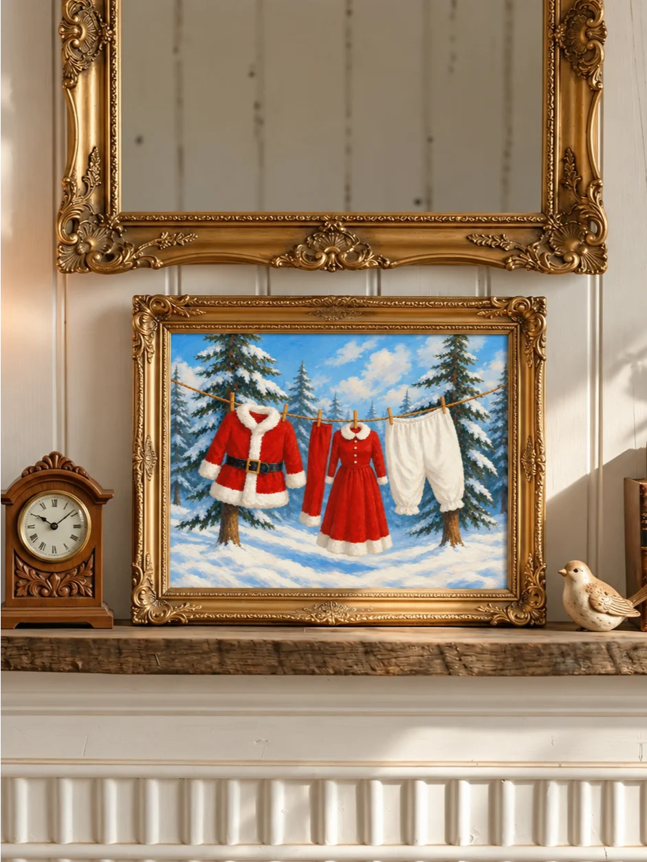 Santa Clothesline Christmas Laundry Room Art, Funny Holiday Print, Whimsical Winter Poster, Snow Covered Forest Scene, Printable Wall Decor product image (6)