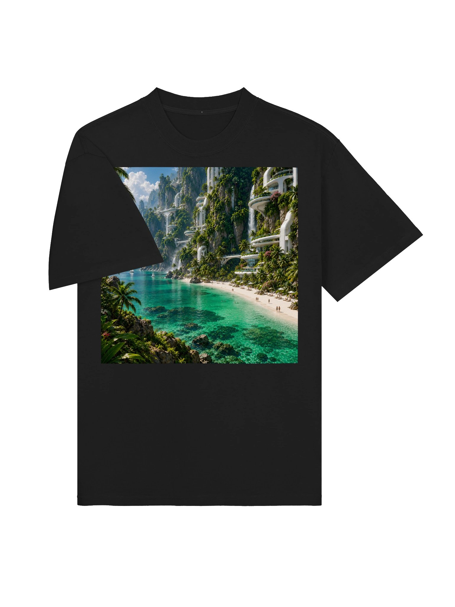Emerald Tropical Paradise T-Shirt | Futuristic Beach & Ocean Art | Unisex Oversized Tee product image (4)