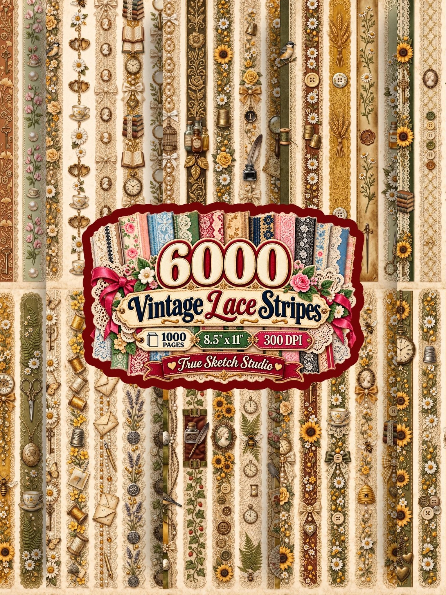 6000 Vintage Lace Strips, Printable Junk Journal Trim, Shabby Chic Ephemera, Rose Scrapbook Borders, 1000 JPG Pages, 8.5x11 Digital Download product image (4)
