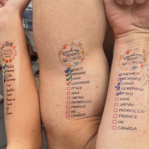 A closer look at our temporary tattoos. Watch me try to drink my way around the world at EPCOT at http://MachoMike.TV 😎 #Disn...