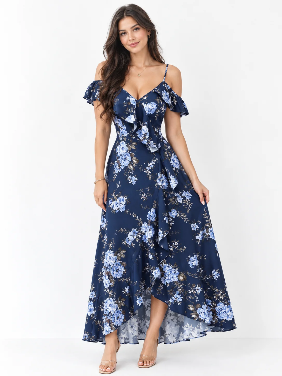 Elenzga ADLEST Women's Elegant Pink Floral Summer Maxi Dress, Retro Palace Style Wedding Ninang Party Outfit, Oblique Collar Ruffle Hem Asymmetric Long Beach Dress product image (1)