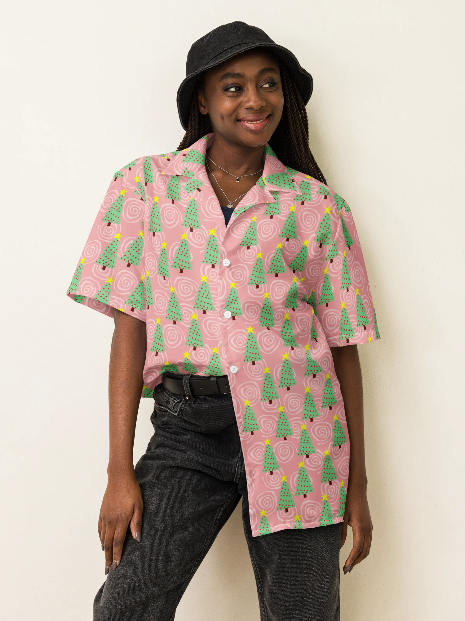 Mint Green Christmas Trees on Pink Oversized Button Down Shirt product image (7)