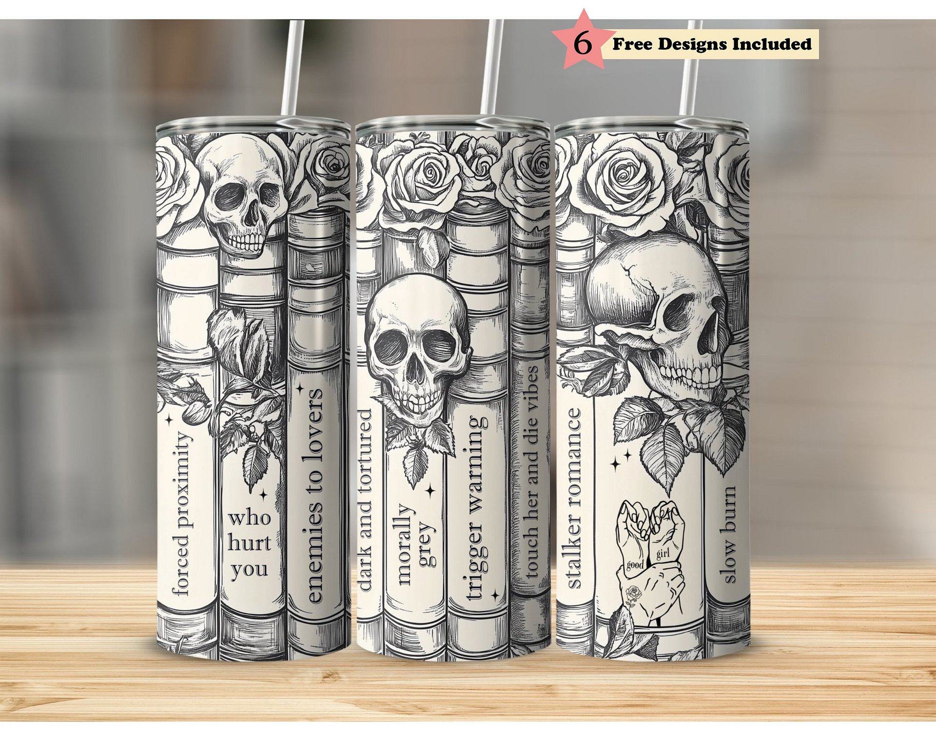 Dark Romance Skull Roses Vintage Line Art Smutty Book Tropes 20oz Tumbler Full Wrap PNG, Seamless Sublimation Design, Digital Download product image (1)