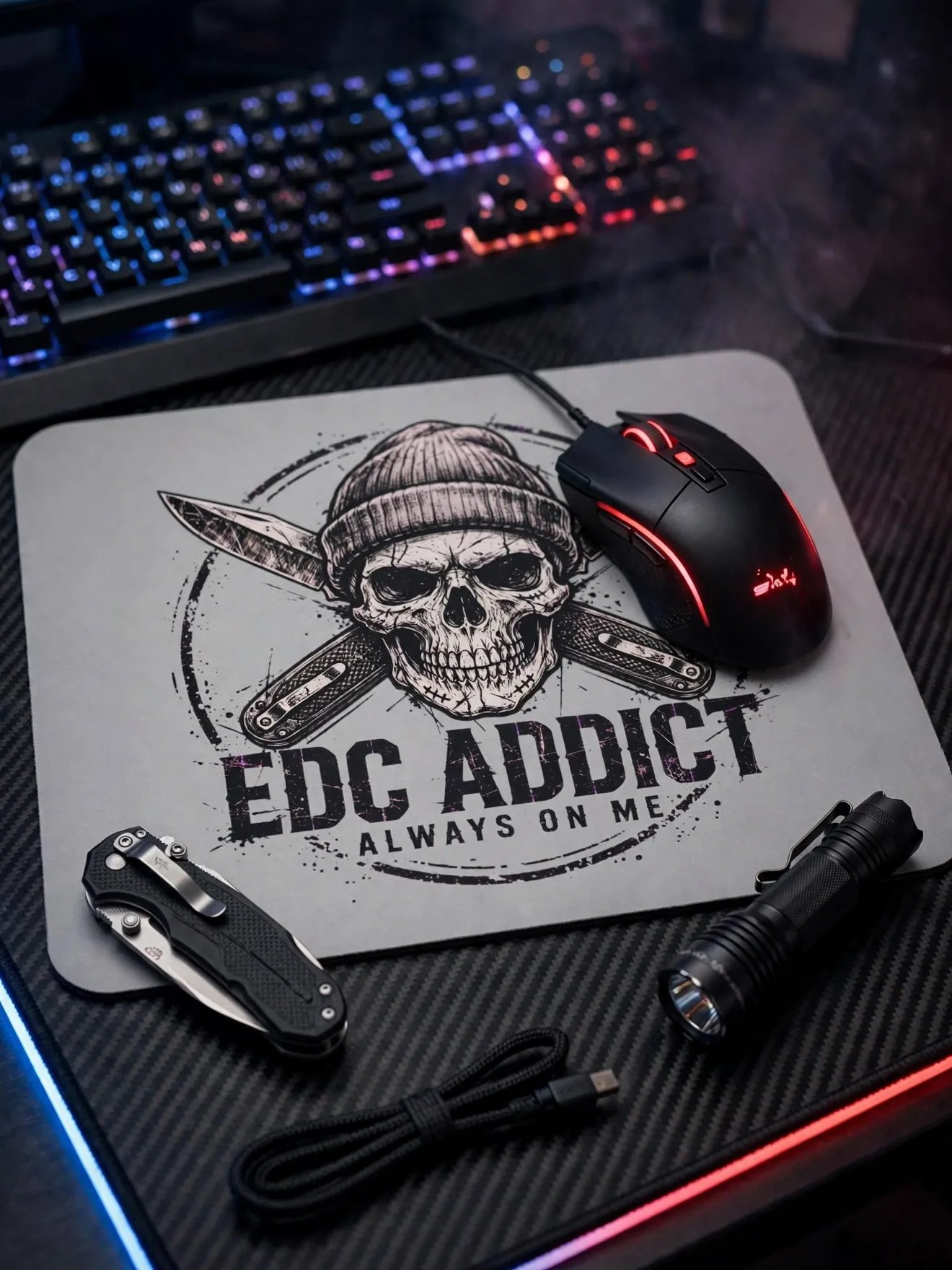 EDC Addict Tactical Desk Mat – Crossed Folding Knives & Skull Mouse Pad product image (2)