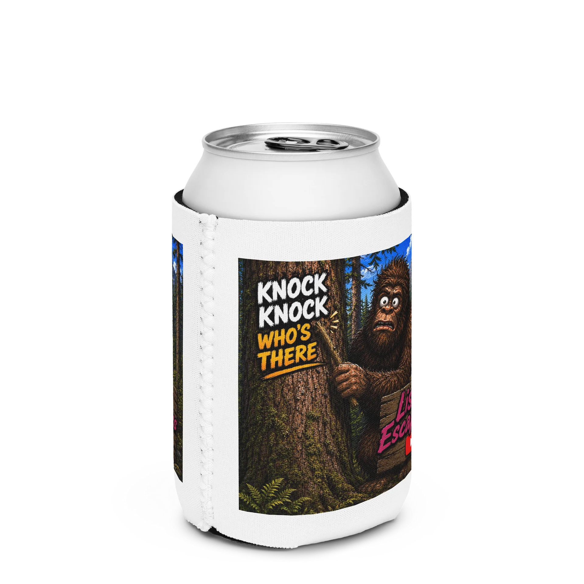 Bigfoot Knock Knock Forest Coozie Can Cooler product image (2)