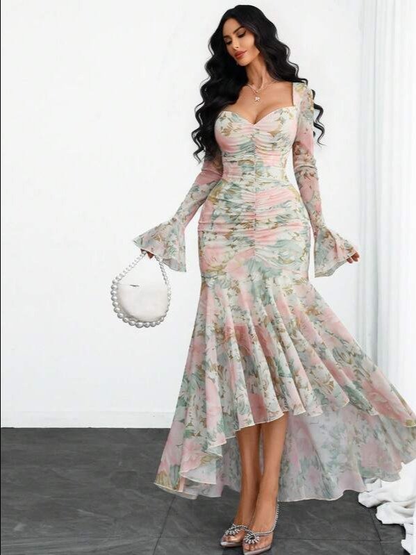 Women's Elegant French Romantic Sexy Double-Layer Petal Sleeve Waist Cinched Asymmetric Mesh Lace Hem Dress Vacation Spring product image (5)
