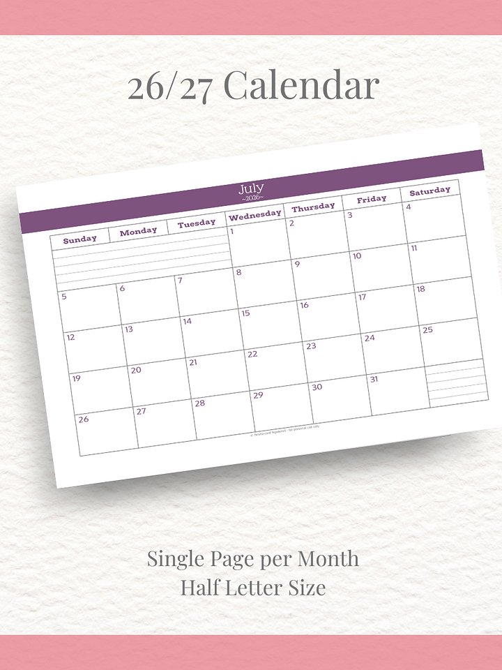 Understated Rainbow - 26/27 Calendar - Single Page per Month - Half Letter Size product image (1)