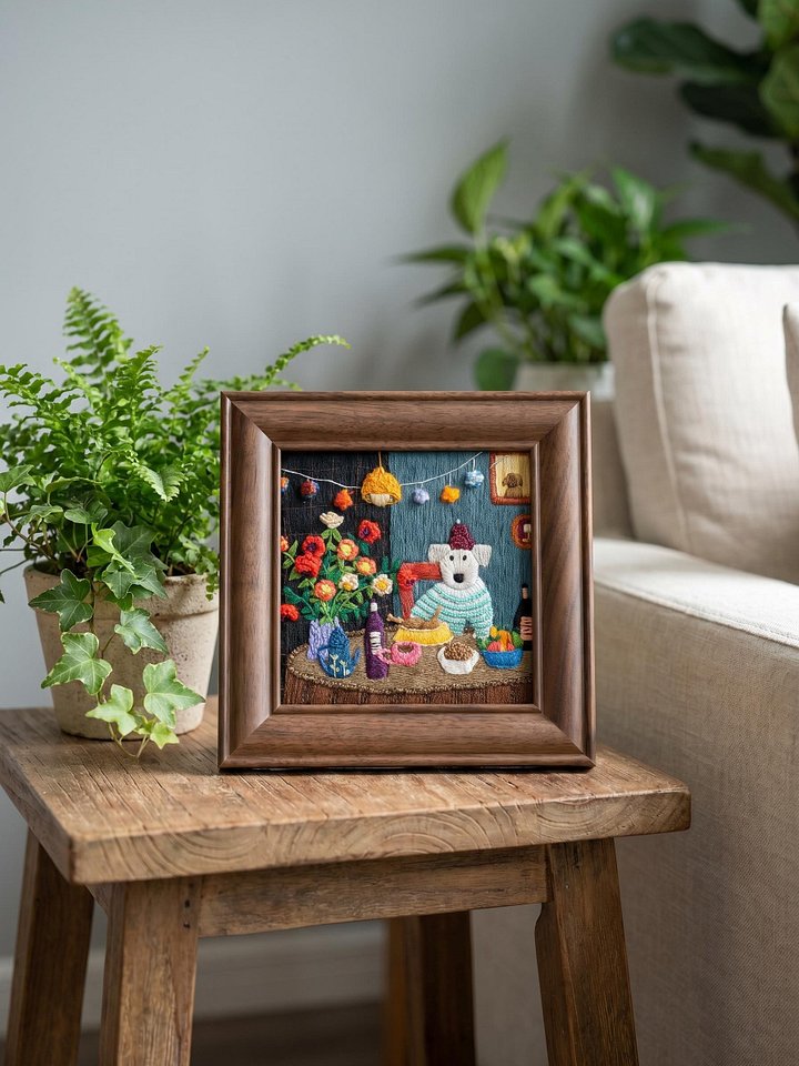 Sunday Pastry Ritual Dog Hand-Stitched Cotton Textile Art product image (2)