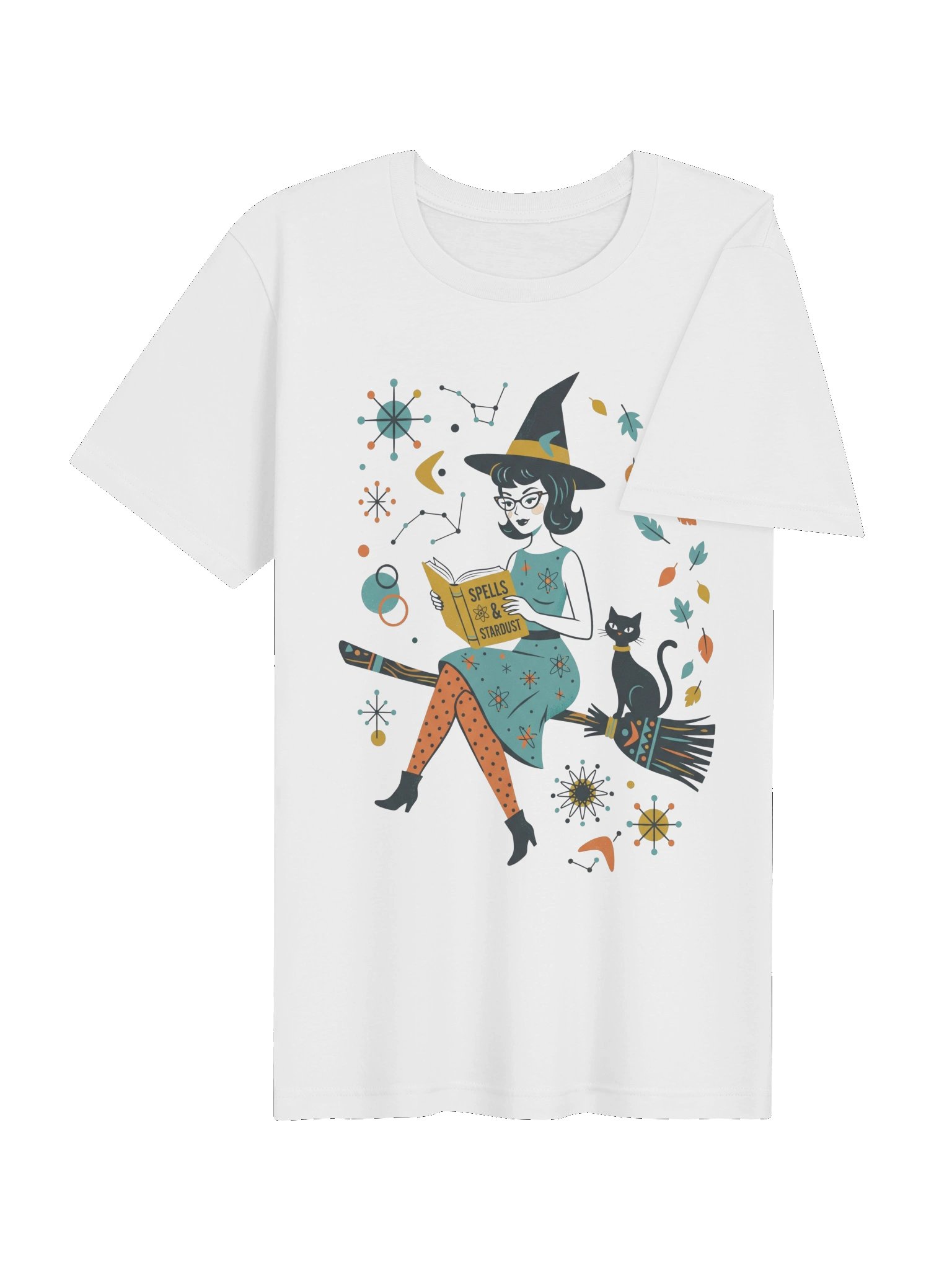 Retro Witch T-Shirt | Mid-Century Halloween Black Cat & Broom Tee product image (4)