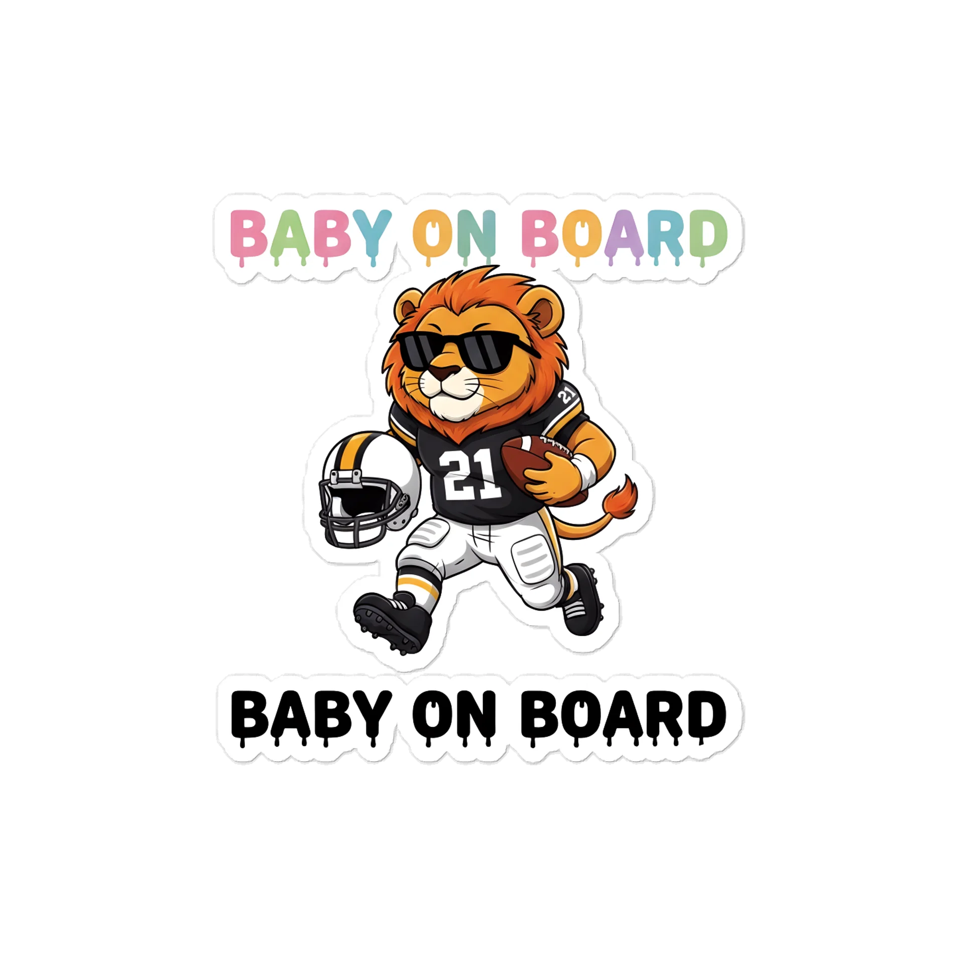 Funny Lion Football Baby on Board Sticker - 5x5 Weatherproof Vinyl Car Decal - Cute Sporty Lion Tailgate Decor - Premium Outdoor Grade Safety Sign for SUVs & Jeeps product image (1)