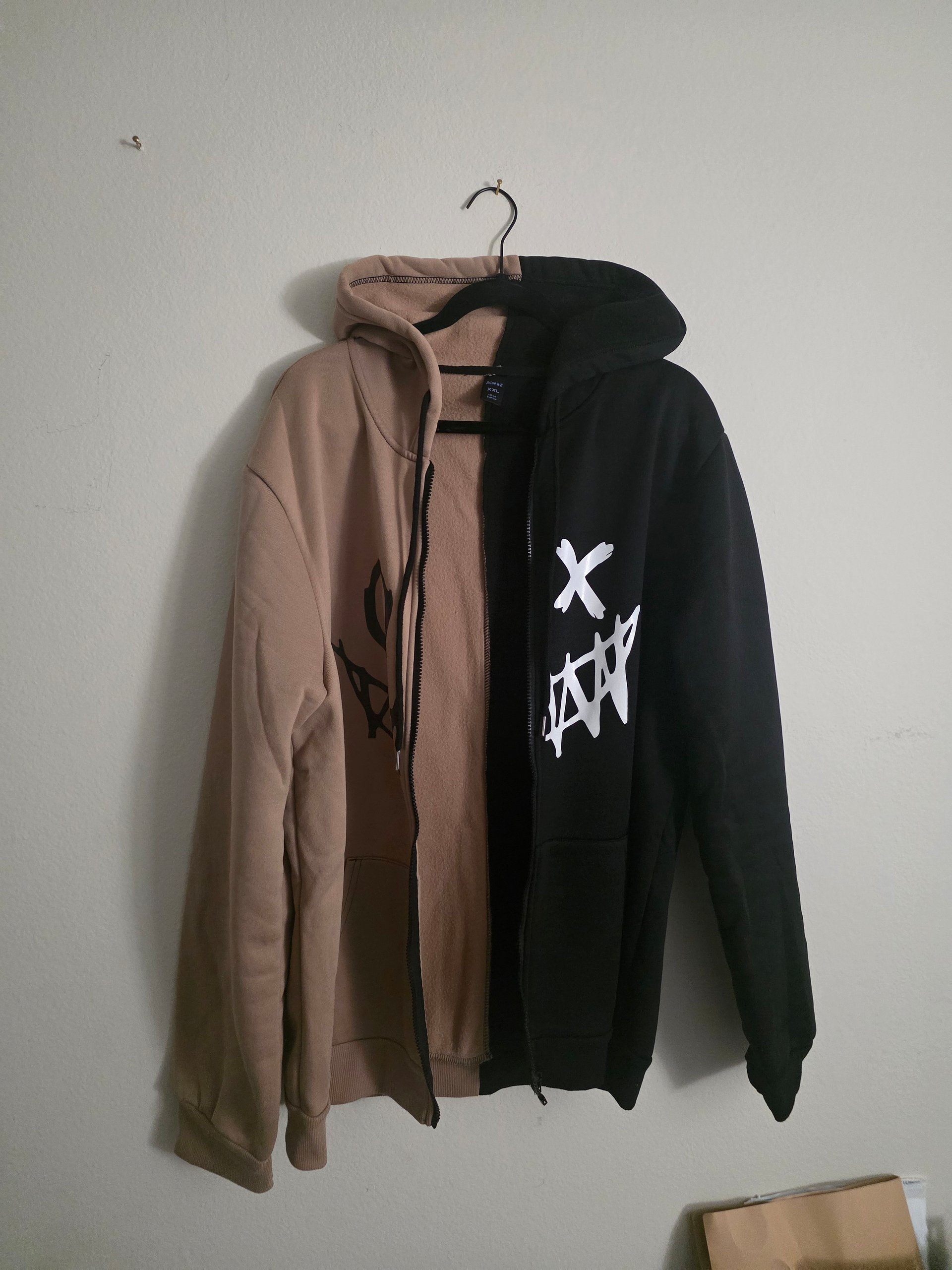 Two Toned Beige & Black Smiley Face Zipper Hoodie product image (1)
