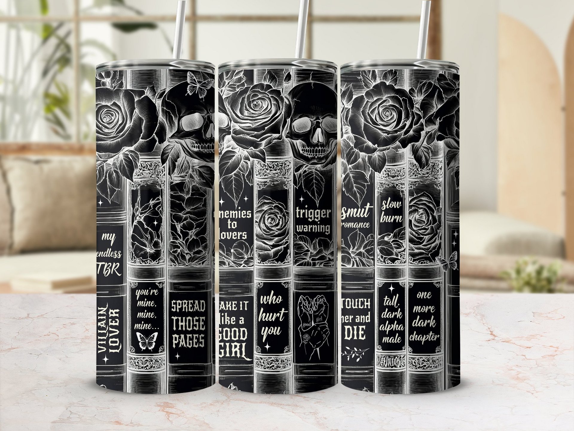 Dark Romance Skull Roses Vintage Black White Book Tropes 20oz Skinny Tumbler PNG, Seamless Full Wrap Sublimation Design, Digital Download product image (5)