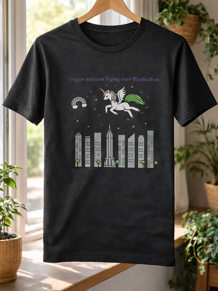 “Vegan Unicorn Flying Over Manhattan” Unisex Black T-Shirt product image (1)