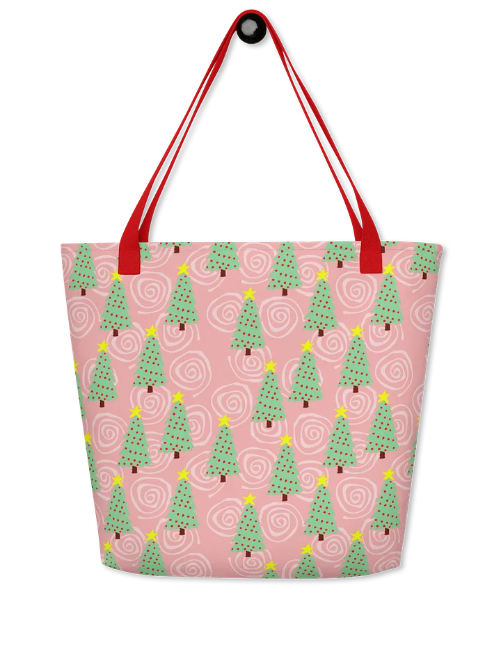 Green Christmas Trees on Christmas Pink with Swirls – Large Tote Bag product image (1)