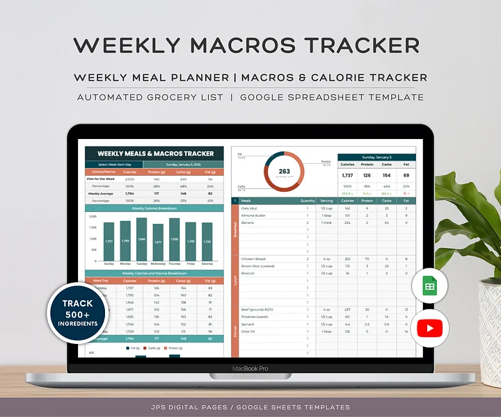 Weekly Macros & Calorie Tracker: Google Sheets Meal Planner (Digital Download) product image (1)
