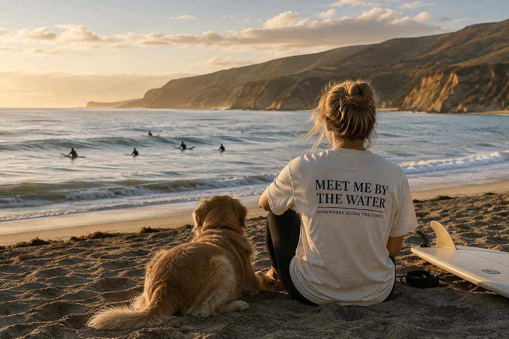 Woman wearing an LL Social Co. “Meet Me by the Water” T-shirt sitting on a California beach with a golden retriever, surfboard, surfers, and coastal cliffs at sunset.