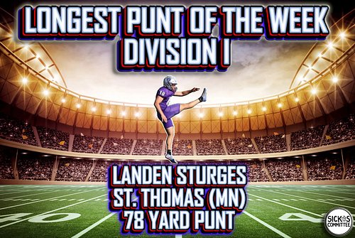 CONGRATS TO @landens_12 of @ust_football FOR THE LONGEST PUNT OF THE WEEK IN DIVISION I - WEEK 6!!! 

A 78 YARD BOOT 🥾 IN ONL...