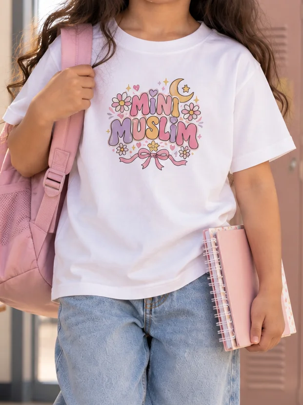 Mini Muslim Printed Unisex Kids T-Shirt | Pastel Daisy and Bow Islamic Tee for Girls product image (1)