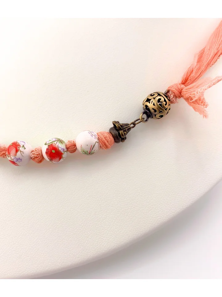 Peach Floral Beaded Necklace on SIlk Ribbon product image (2)