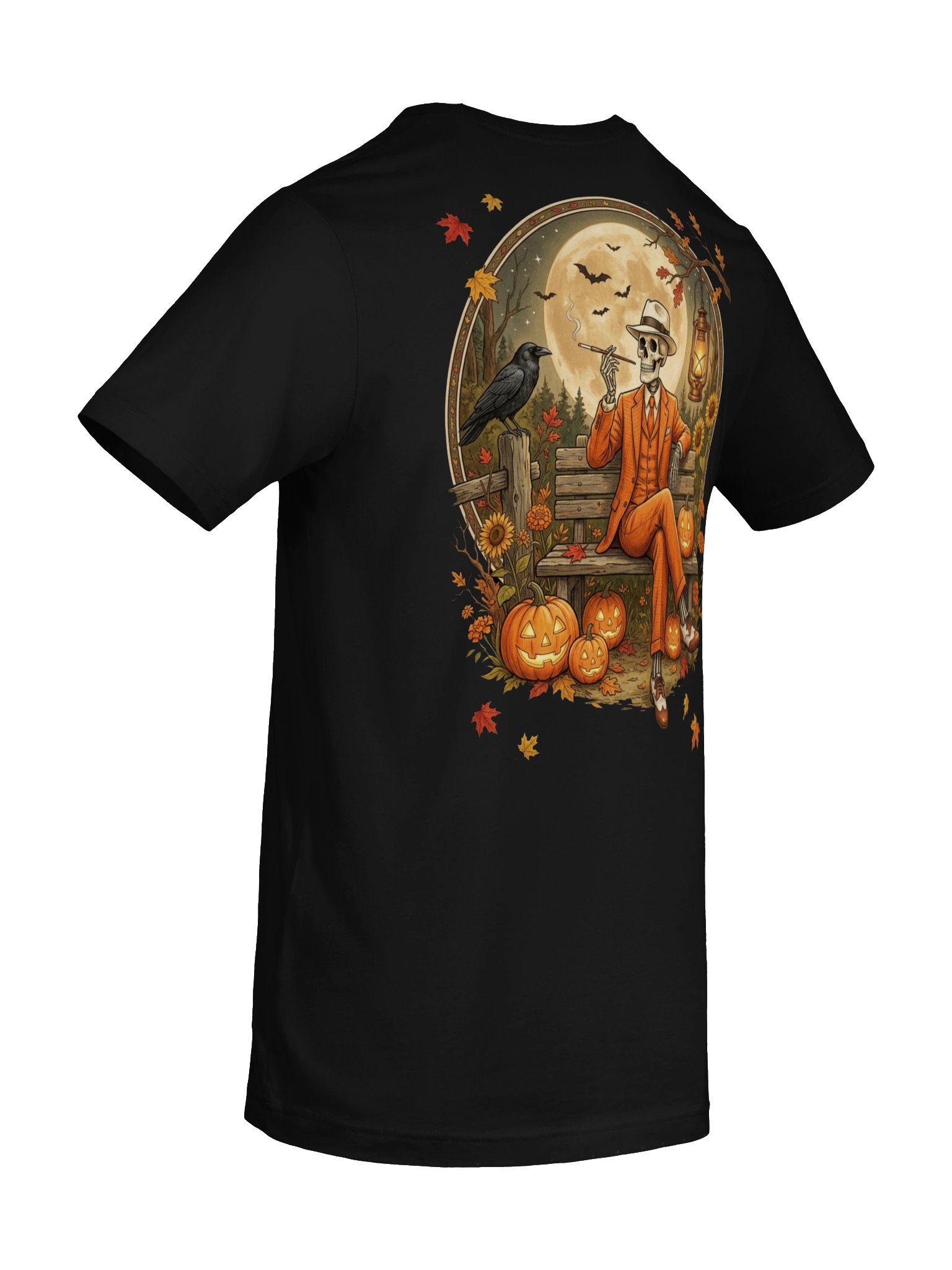 Spooky Skeleton Autumn Vibe Tee - Vintage Halloween Pumpkin & Raven T-Shirt product image (2)