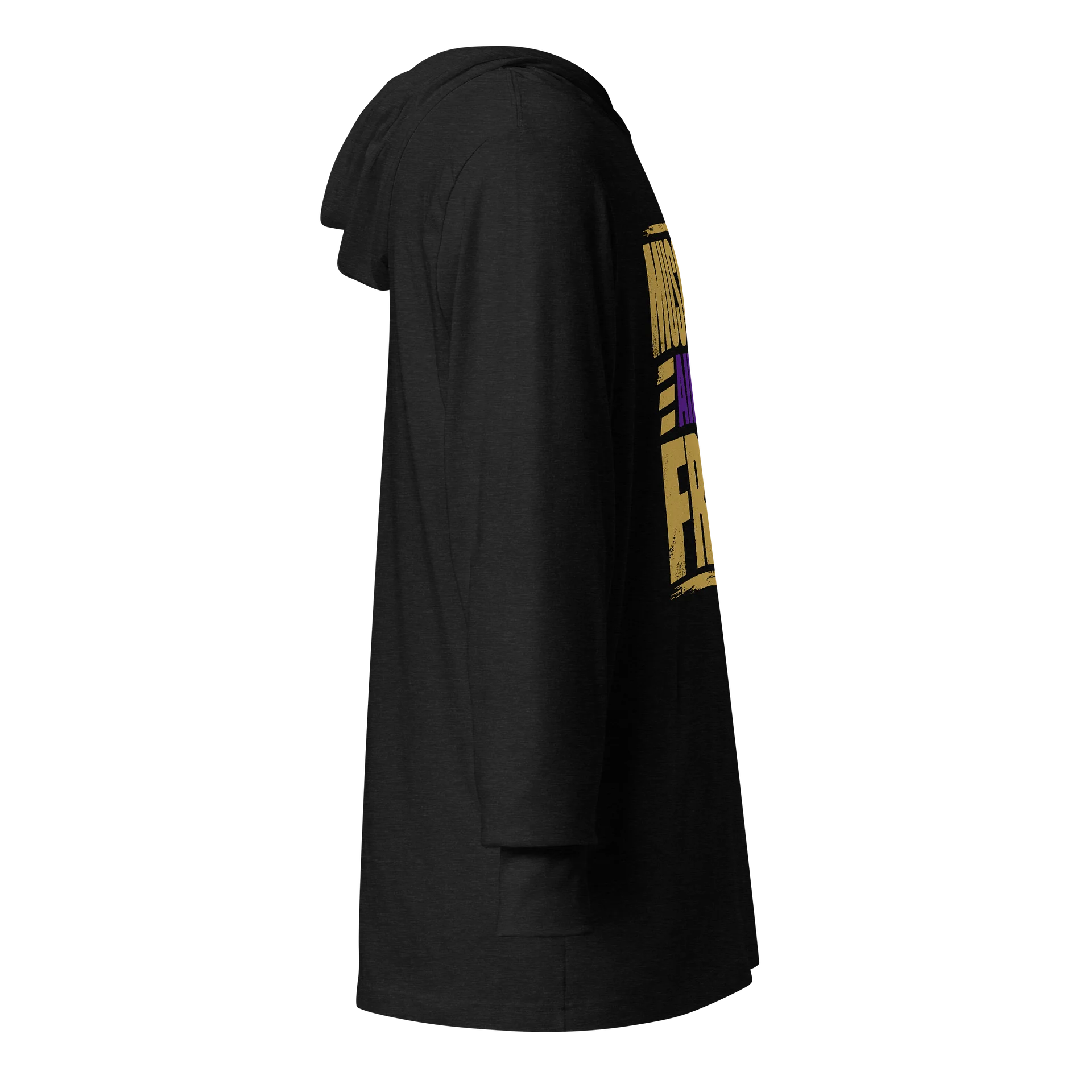 The "Muscles Ain't Free" Distressed Gold & Purple Lightweight Hooded Tee product image (5)