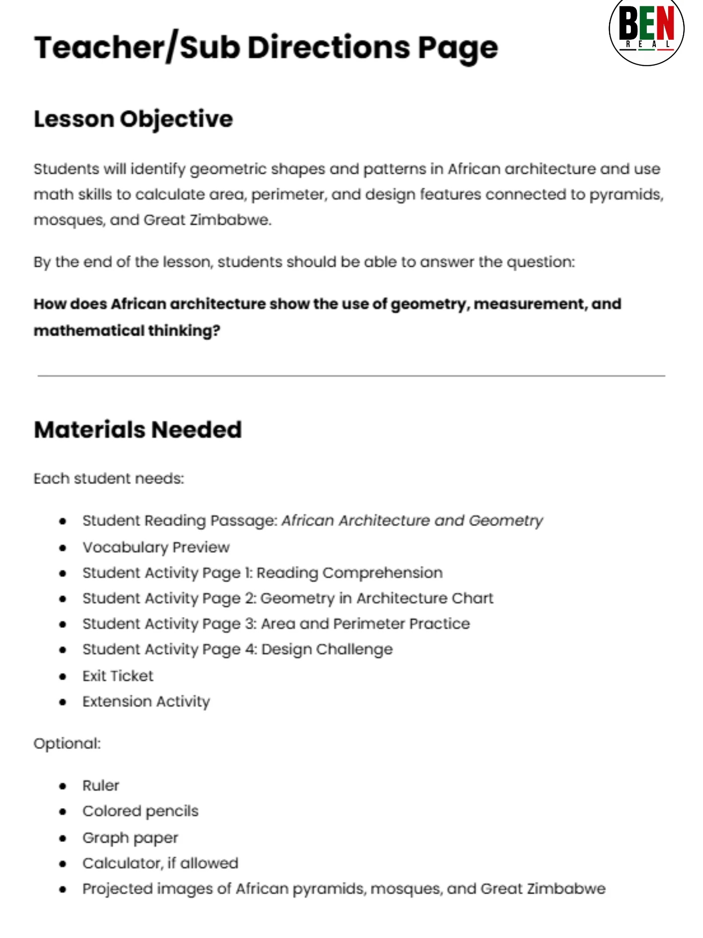 Black History 365 Sub Plan: African Architecture and Geometry: Pyramids, Mosques, and Great Zimbabwe| Middle School Math| 60-Minute Lesson product image (4)