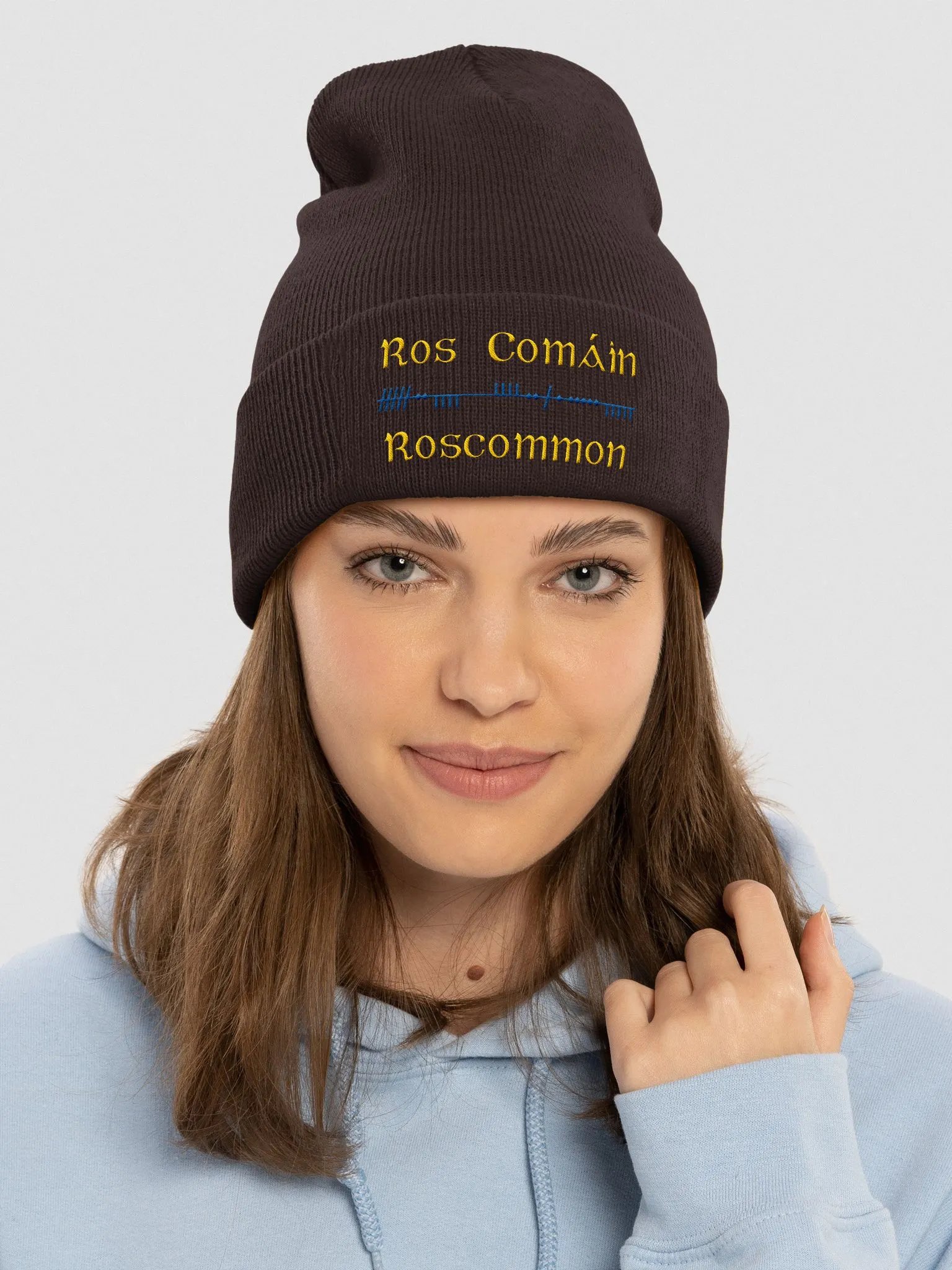 Roscommon/Ros Comáin Scholastic style Ogham, yellow and blue, embroidered Cuffed Beanie product image (13)