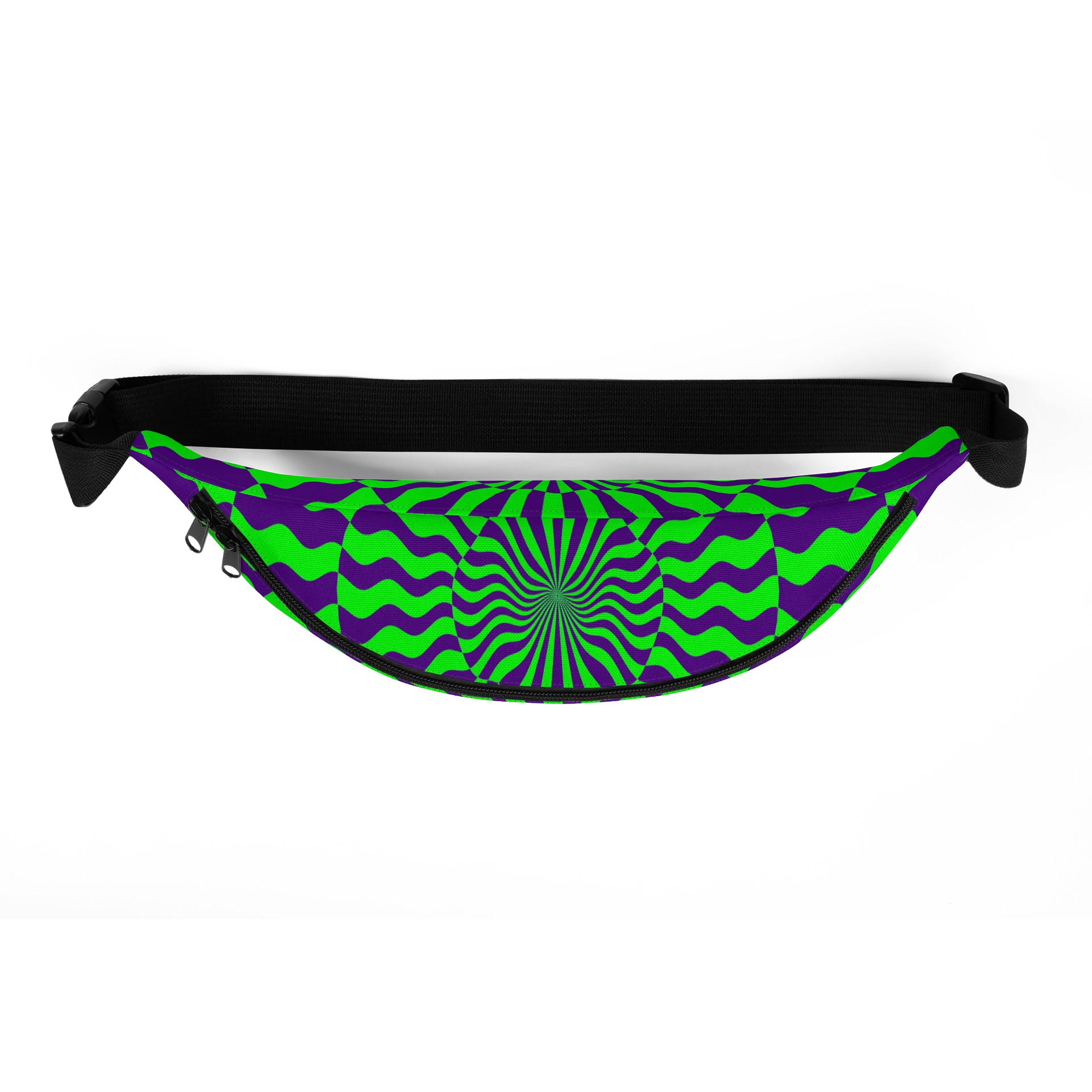 Psychedelic EDM Festival Fanny Pack, Trippy Techno Rave Fashion Accessory, Neon Green Purple Party Bag, Twisted Checkers Spiral Illusion Art product image (5)