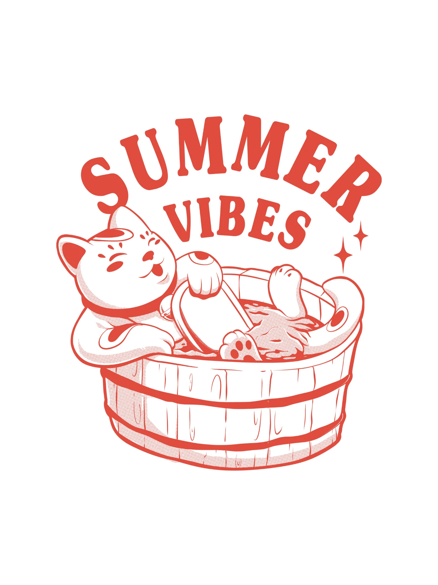 Summer Vibes – Lucky Cat Maneki Neko Soaking in Wooden Tub Retro Illustration Print product image (1)