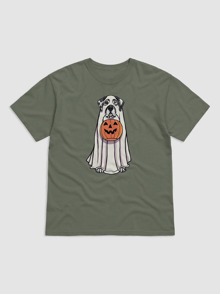 Funny Halloween Great Dane(Harlequin) T-Shirt | Funny Great Dane Wearing a Ghost Costume and Holding a Pumpkin Basket product image (1)
