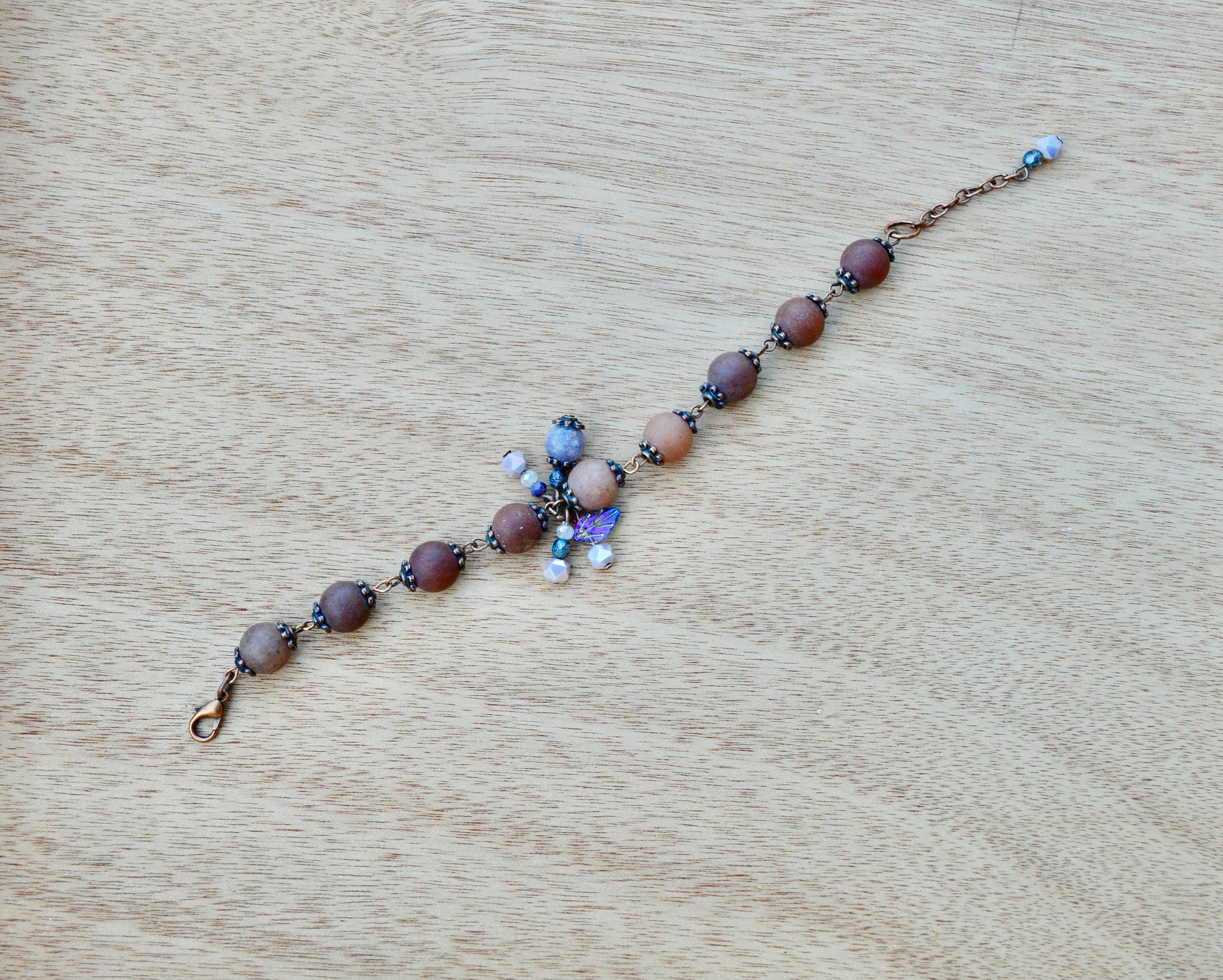 Matte Earthy Brown Agate Gemstone Beaded Bracelet With Purple Crystals product image (2)