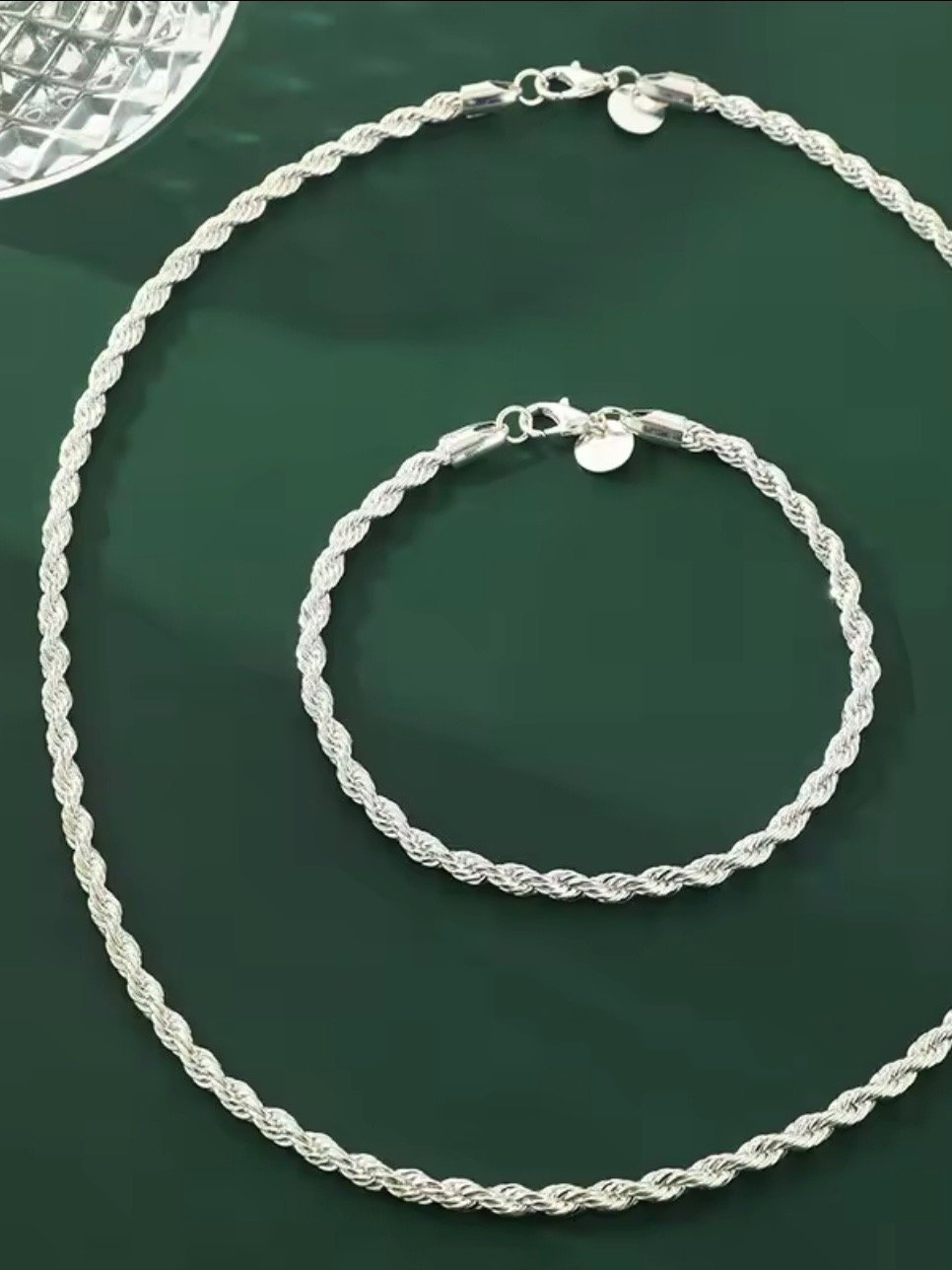2pcs Silver Plated Necklace Bracelet For Men And Women Simple Hip Hop Style 4mm Twisted Twist Rope Iron Chain With Copper Lobste product image (2)