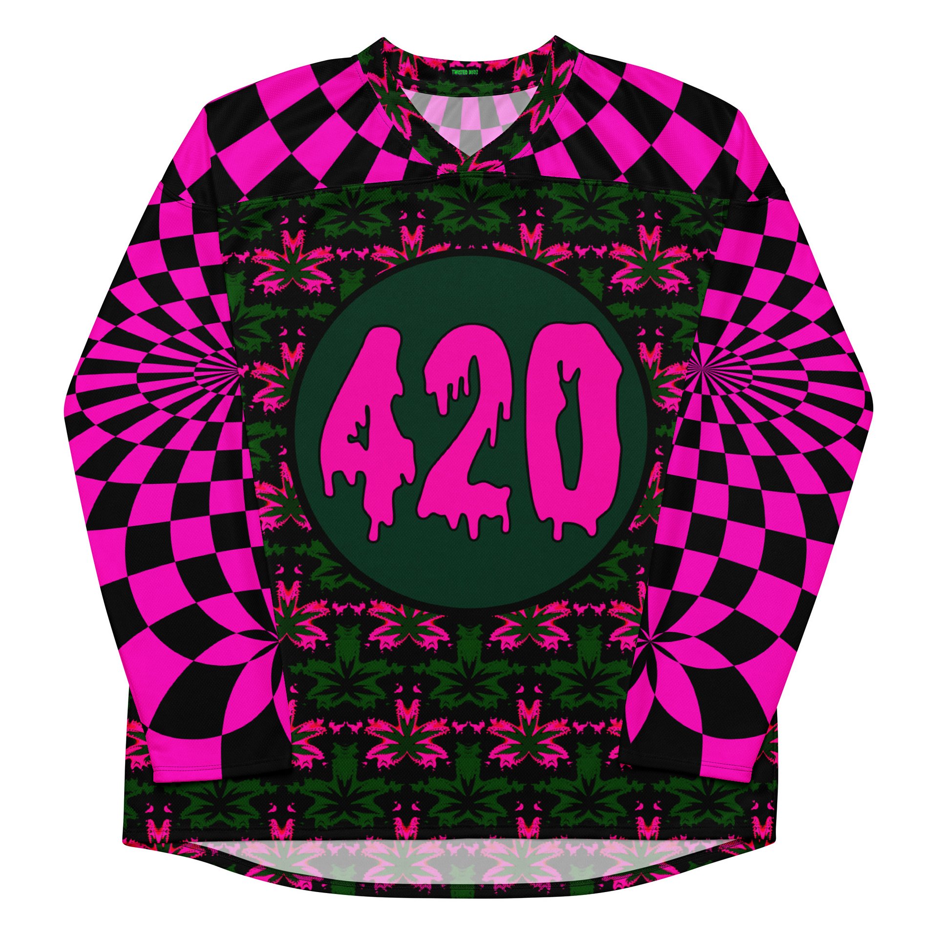 Trippy 420 Rave Hockey Jersey, Psychedelic Cannabis Festival Shirt, Neon Retro Stoner Fashion, Pot Leaf EDM Clothes, Pink Weed Checkers Top product image (1)