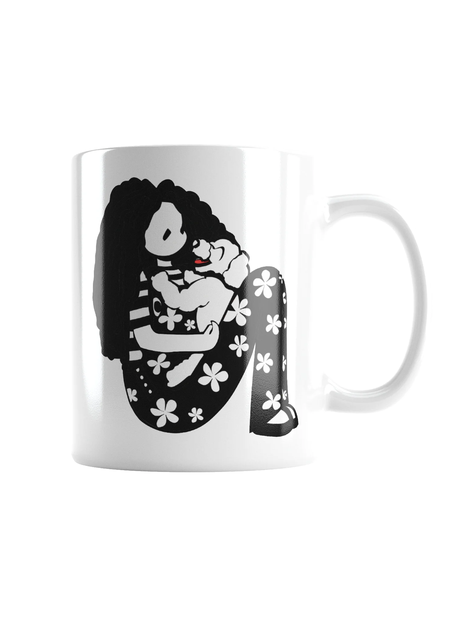 Mug: Girl with laughing dog | black and white product image (2)