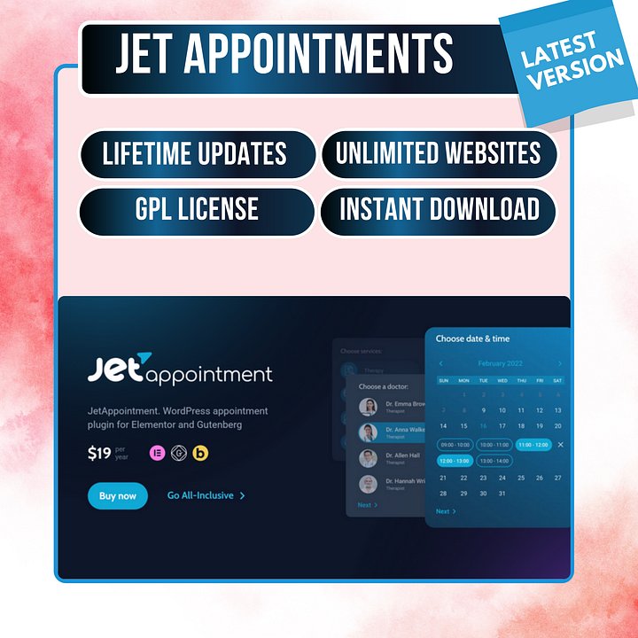 JetAppointments 2.3.2 – WordPress Appointment Booking Plugin | GPL License | Unlimited Websites | Lifetime Updates | Instant Download product image (1)