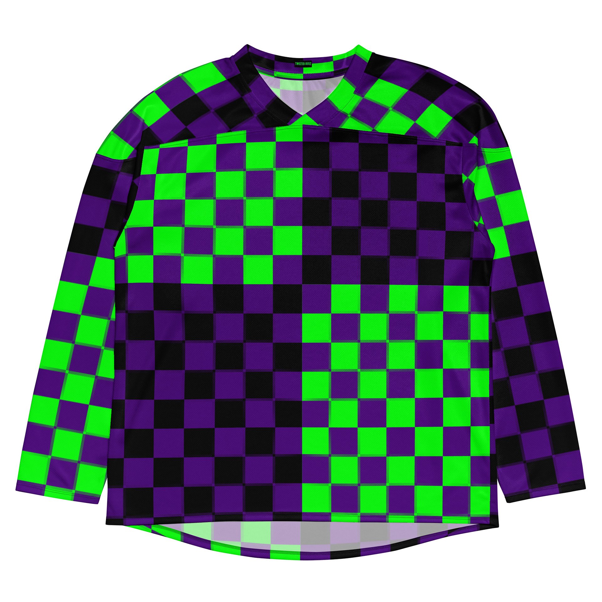 Rave Recycled Hockey Jersey, Twisted Checkers Clowncore Clothing, Silly Circus Style Fun Festival Top, Neon Green Purple Black Odd EDM Shirt product image (4)