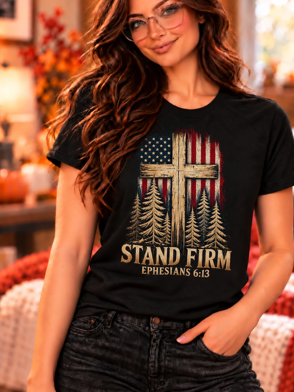 Stand Firm Ephesians 6:13 Christian Patriotic Cross T-Shirt product image (2)