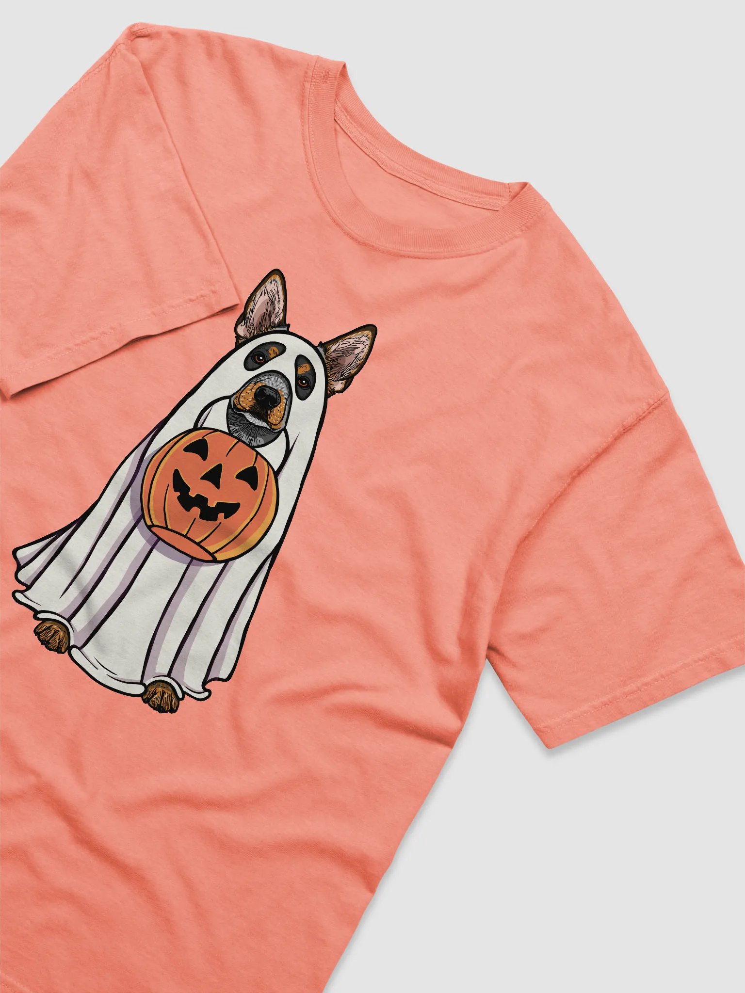 Funny Halloween Australian Cattle Dog(2) T-Shirt | Funny Blue Heeler Wearing a Ghost Costume and Holding a Pumpkin Basket product image (6)