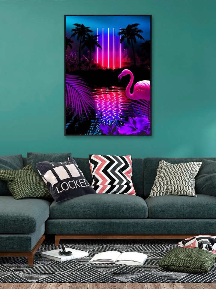Neon landscape: Neon pillars & flamingo [synthwave/vaporwave/cyberpunk] — Aesthetic retrowave poster product image (2)