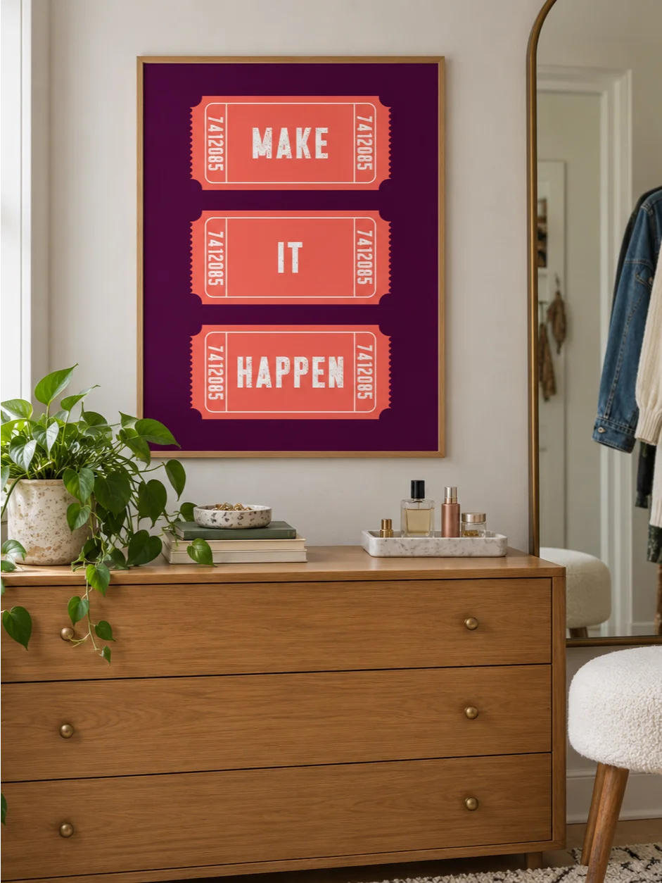 Make It Happen Motivational Poster, Retro Ticket Design, Purple Coral Typography Wall Art, Distressed Lettering, Printable Inspirational Art product image (7)