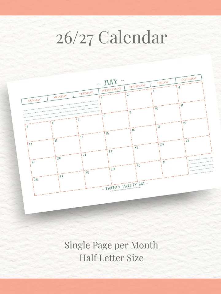 Peachy Green - 26/27 Calendar - Single Page per Month - Half Letter Size product image (1)
