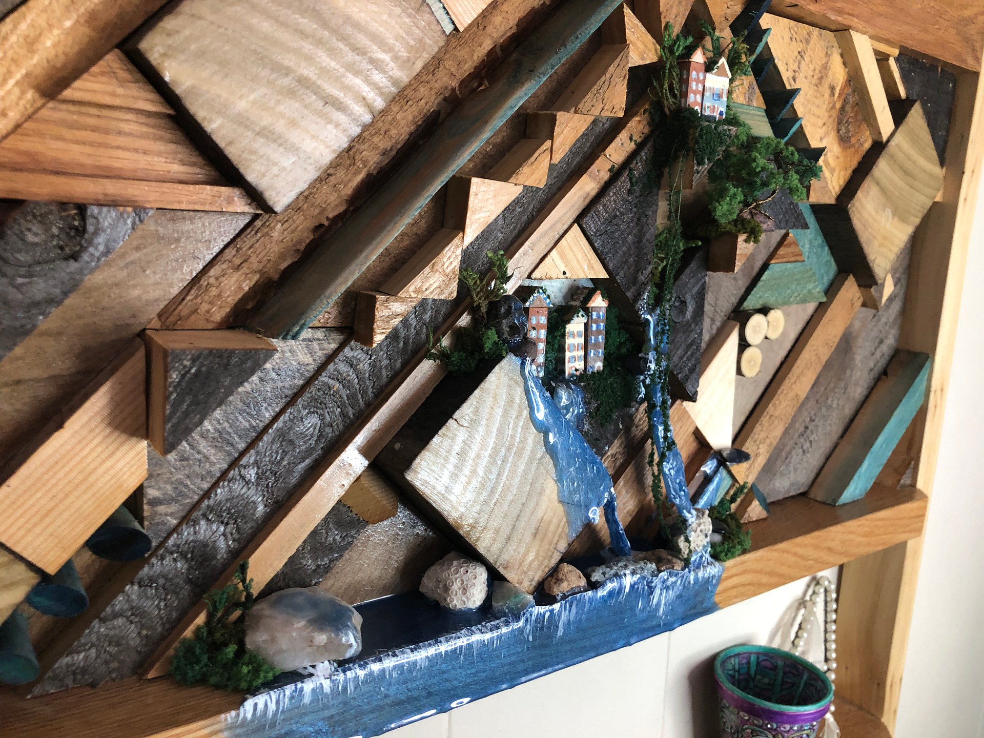 OOAK Wood wall shelf with branch pole and mini landscape diorama product image (6)