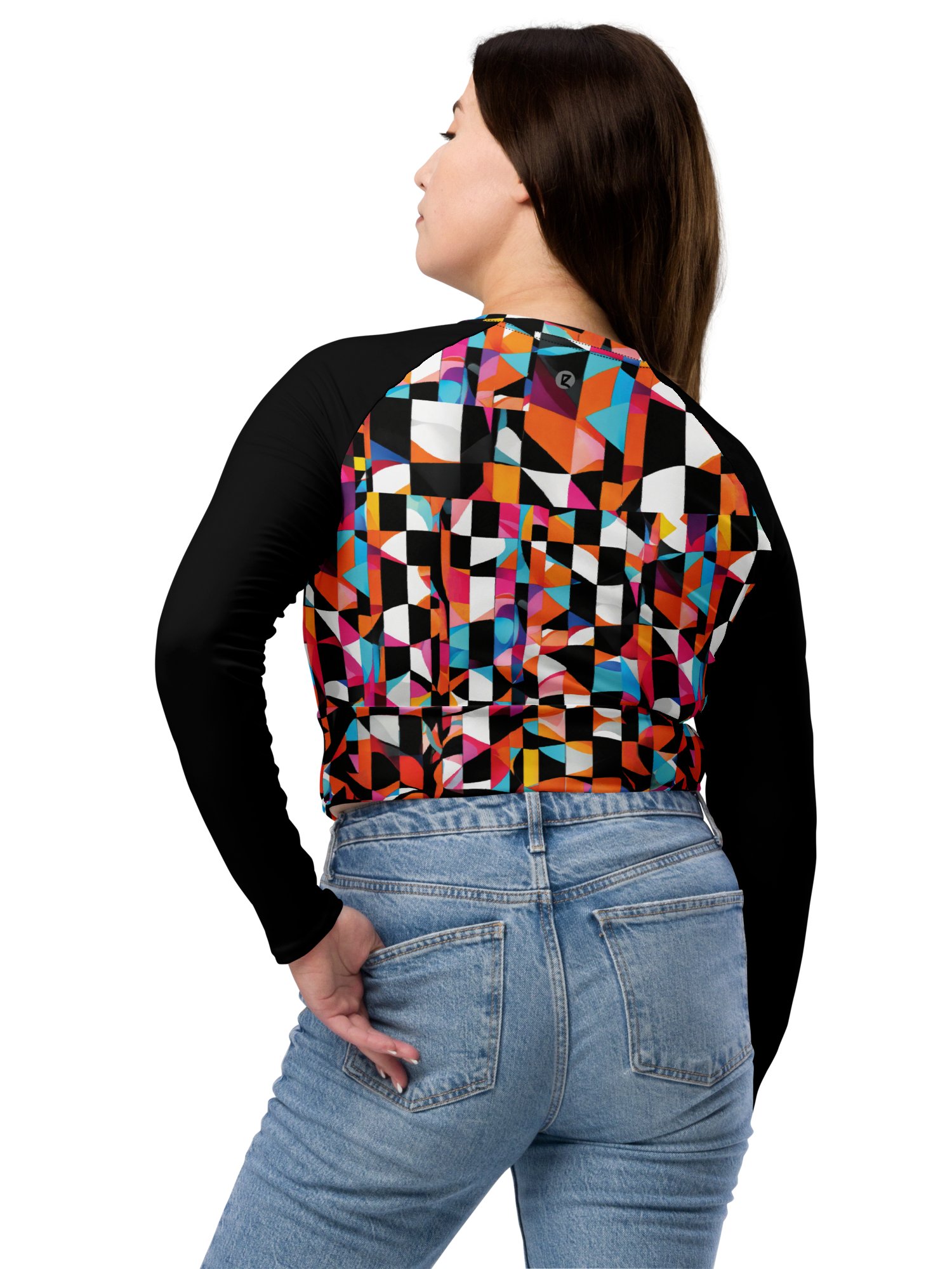Recycled Long Sleeve Crop Top "Colorful Modern Abstract Checkered Art Printed" product image (7)