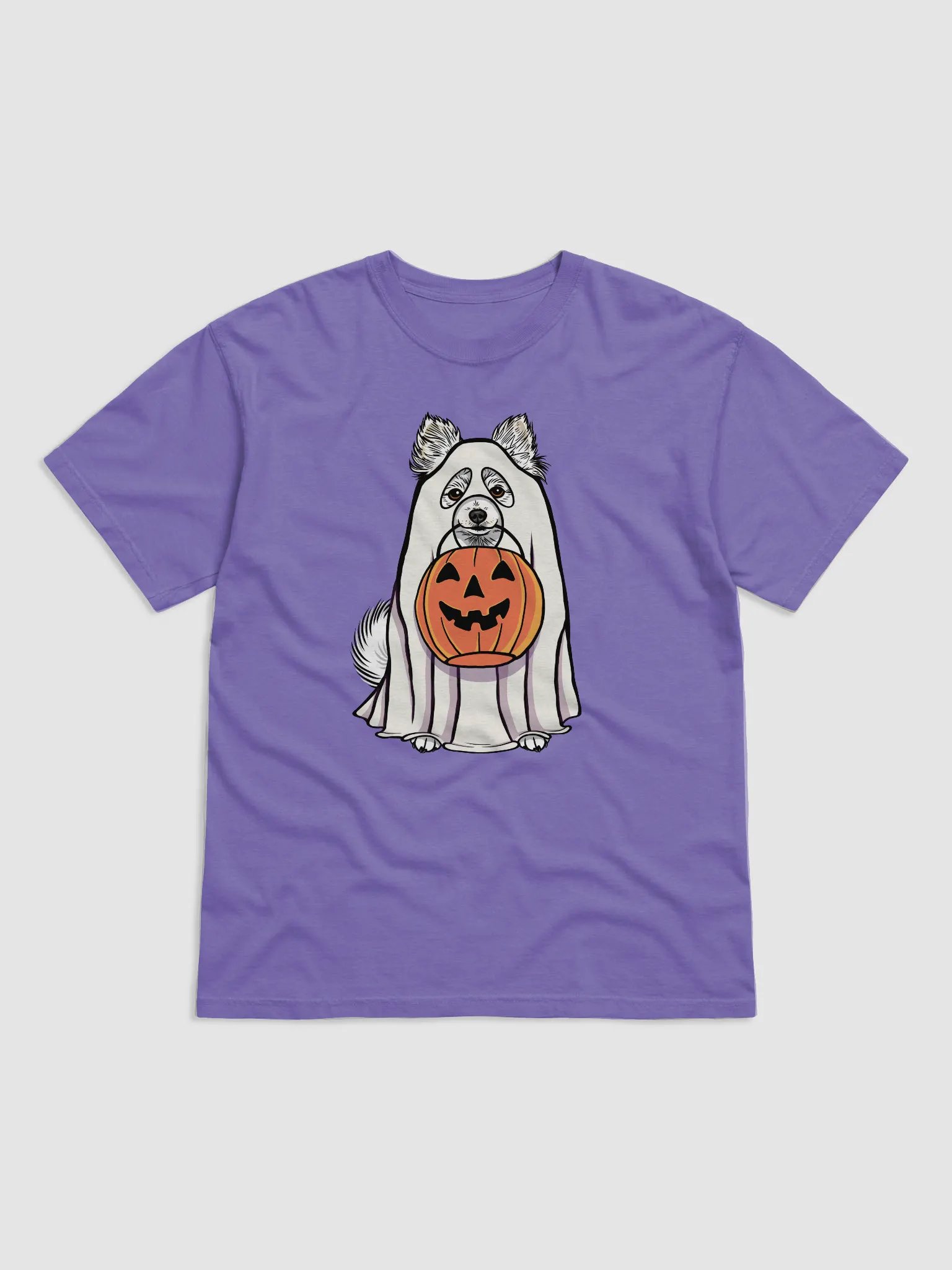 Funny Halloween Pomeranian(White) T-Shirt | Funny Pomeranian Wearing a Ghost Costume and Holding a Pumpkin Basket product image (1)