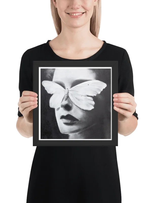 White Butterfly Charcoal Drawing Matte Print | Surreal Fine Art Wall Decor | Monochrome Butterfly Portrait | Emotional Black and White Artwork product image (6)