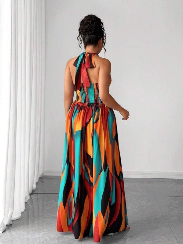 Elenzga Plus Size Women Summer Fashionable Elegant Vacation Halter Tie Waist A-Line Dress product image (2)