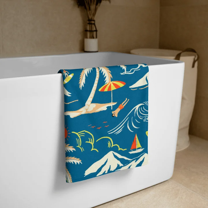 RETRO SURF ISLAND BEACH TOWEL – 30"x60", COTTON TERRY BACK, VINTAGE TROPICAL PRINT Towel product image (2)