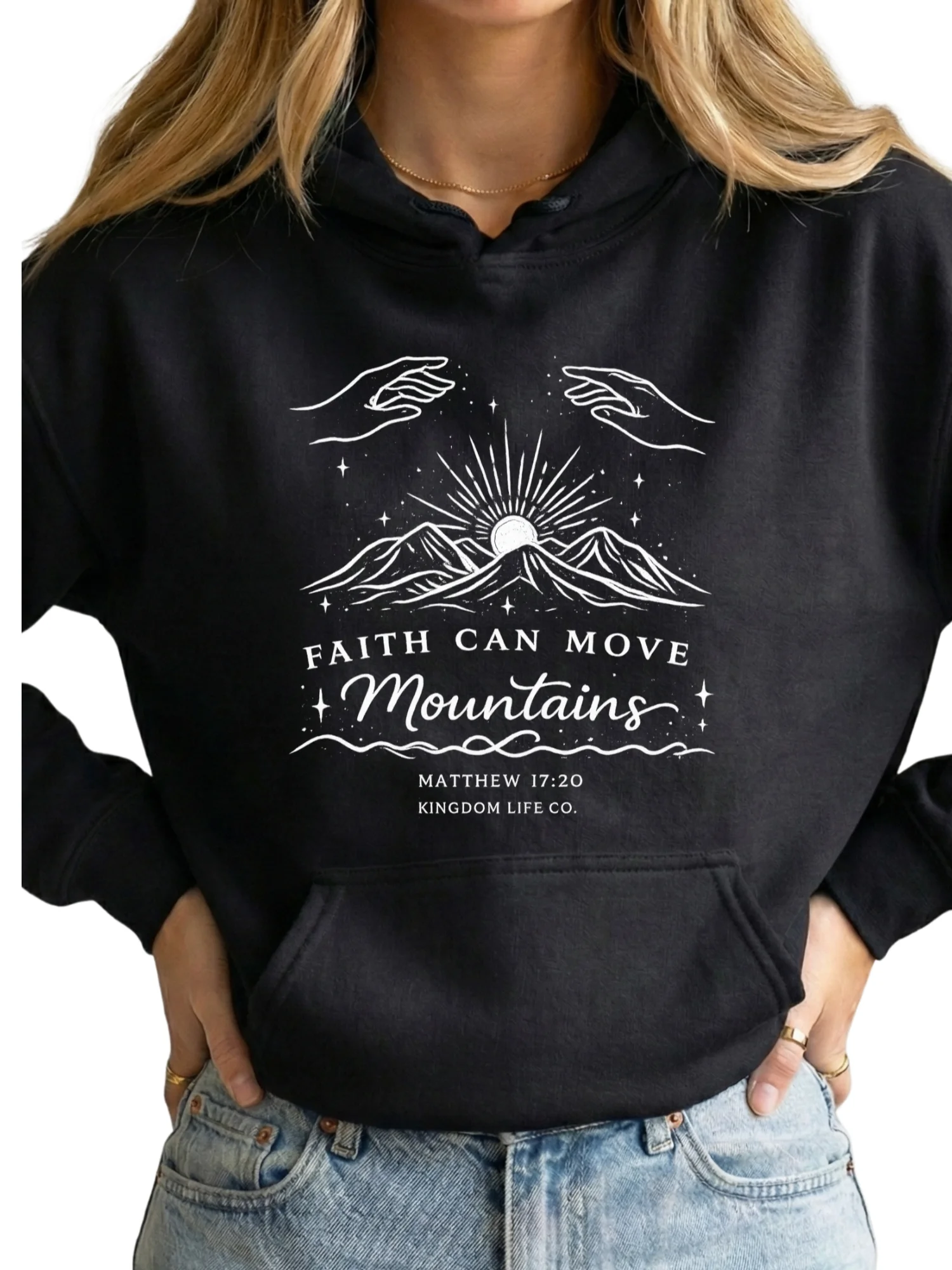Faith Can Move Mountains Christian Hoodie, Matthew 17:20 Bible Verse Graphic Hoodie, Inspirational Faith Apparel, Boho Christian Gift - Kingdom Life Co. product image (1)